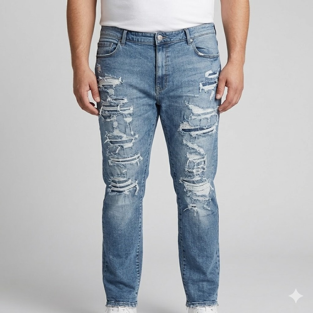 Jordan Craig Sean Fit Distressed‎ Heavy Rips Blue Denim Jeans 42x32